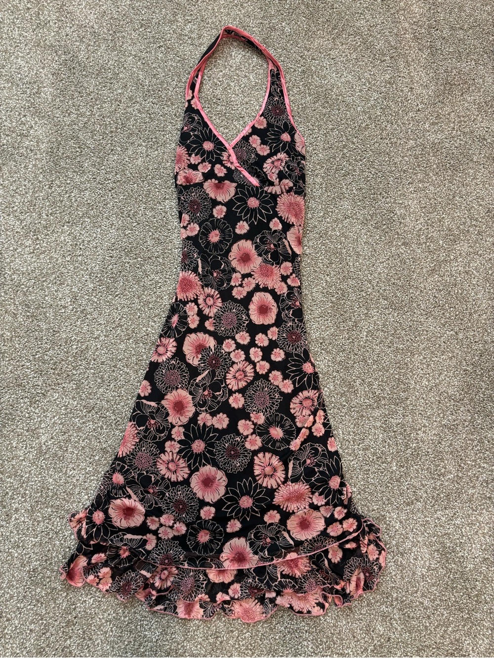 Vintage Rare Pink Floral Halter Maxi Dress in Black